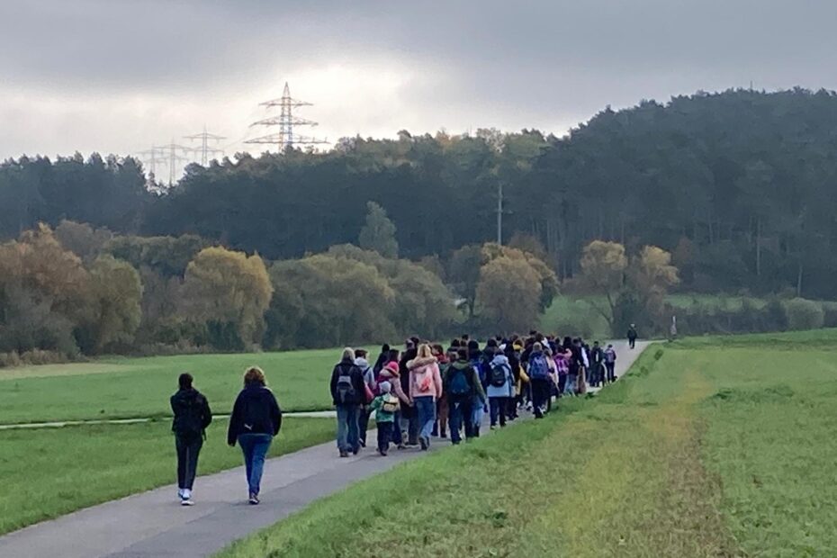 Eine große Gruppe von SuS wandern auf einem Weg zwischen Feldern