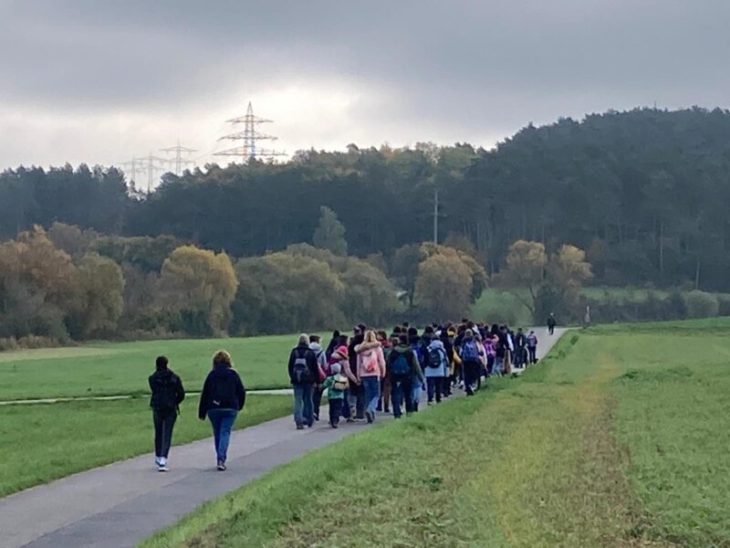 Eine große Gruppe von SuS wandern auf einem Weg zwischen Feldern