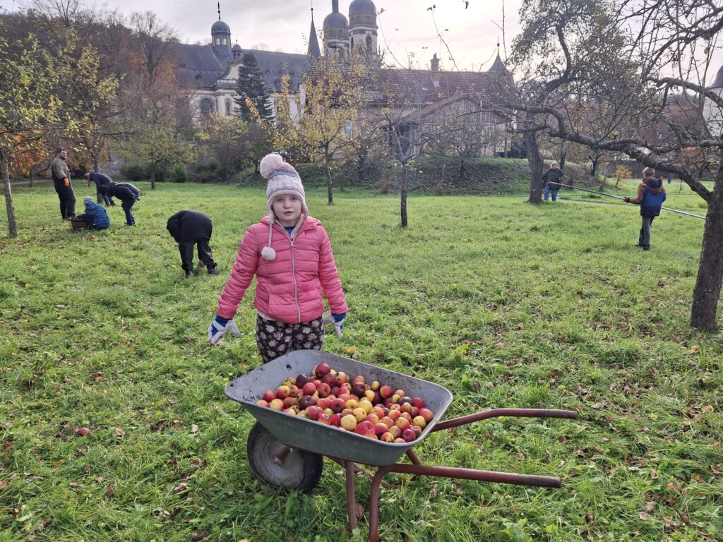 Eine Schülerin vor einem Schubkarren voller Äpfek