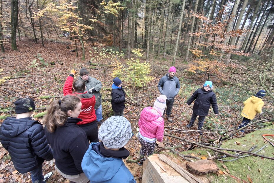 Mehrere SuS stehen im Wald und hören einer Anleitung des Förster zu