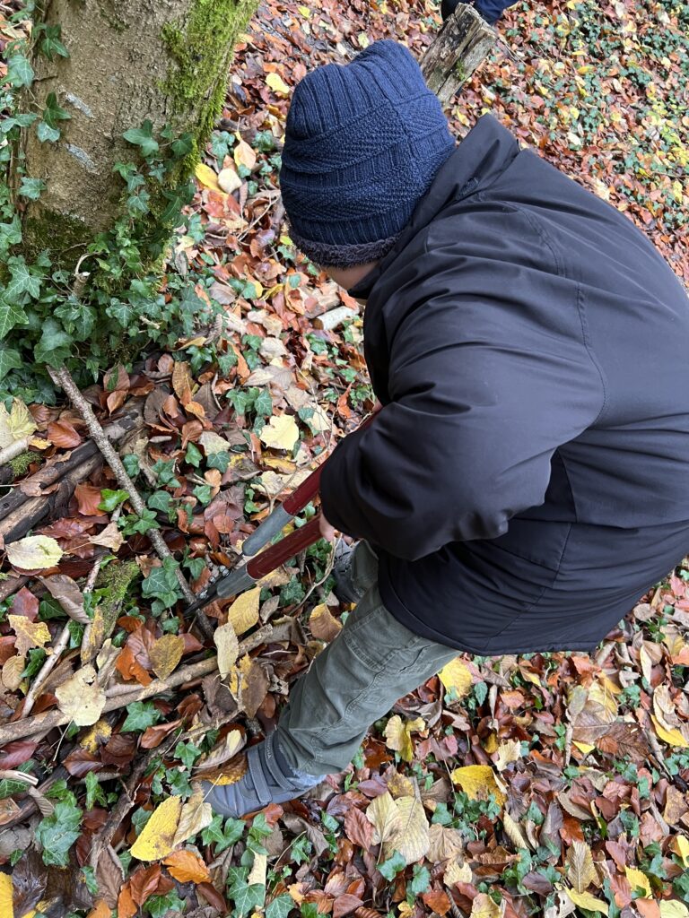 Ein Schüler zwickt einen Ast mit einer Astschere klein
